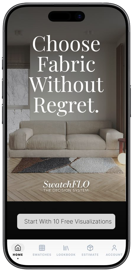 phone mockup previewing upholstery fabric on a neutral sofa